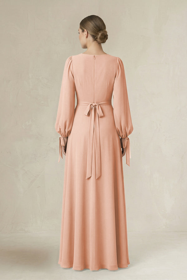 Square Neck Long Sleeve A-Line Chiffon Bridesmaid Dress in English Rose - SHE IS ME BRIDESMAID DRESSES