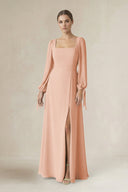 Square Neck Long Sleeve A-Line Chiffon Bridesmaid Dress in English Rose - SHE IS ME BRIDESMAID DRESSES