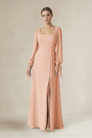 Square Neck Long Sleeve A-Line Chiffon Bridesmaid Dress in English Rose - SHE IS ME BRIDESMAID DRESSES