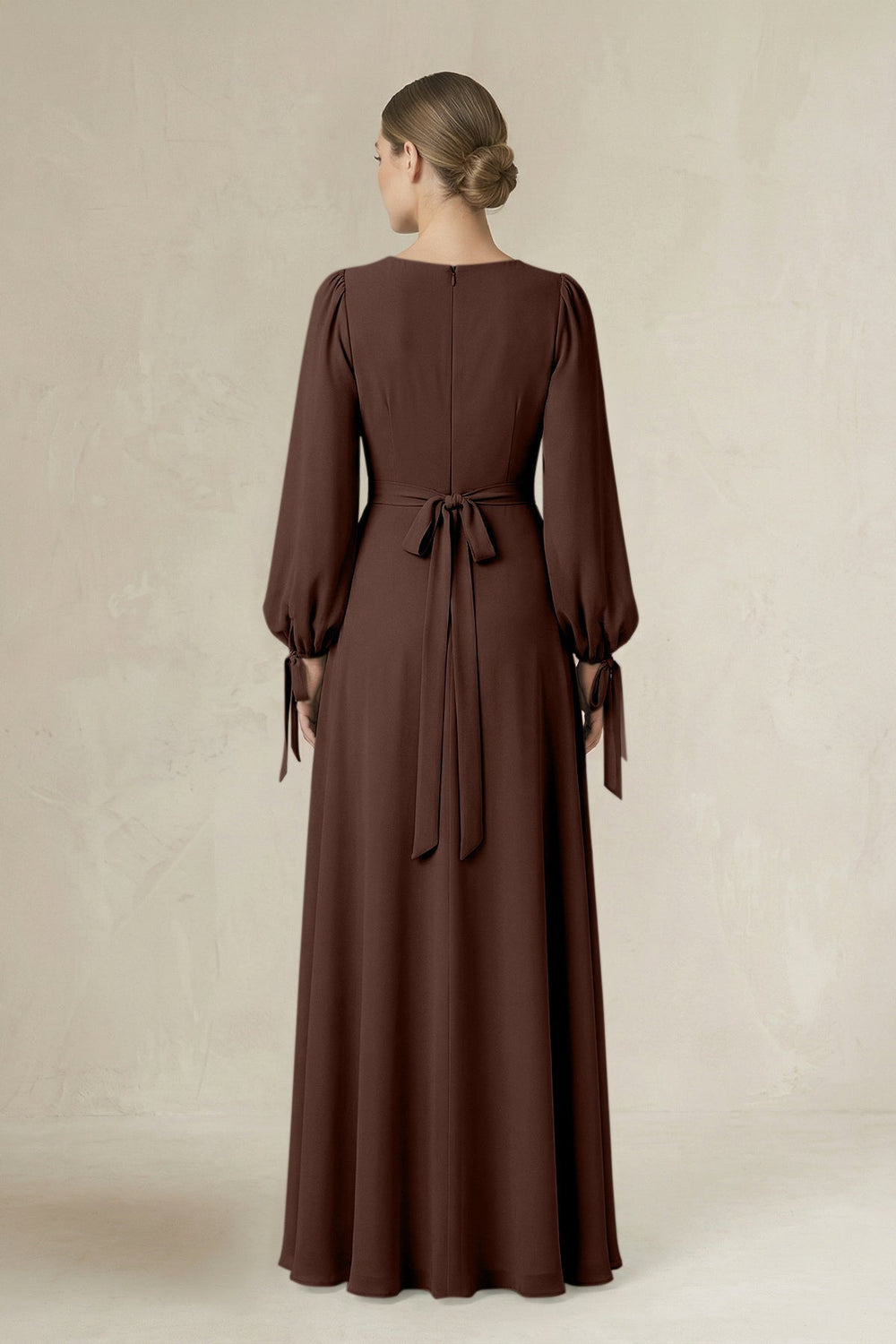 Square Neck Long Sleeve A-Line Chiffon Bridesmaid Dress in Espresso - KISS BRIDAL BRIDESMAID DRESSES
