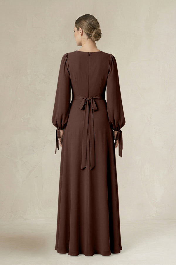 Square Neck Long Sleeve A-Line Chiffon Bridesmaid Dress in Espresso - SHE IS ME BRIDESMAID DRESSES