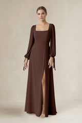 Square Neck Long Sleeve A-Line Chiffon Bridesmaid Dress in Espresso - KISS BRIDAL BRIDESMAID DRESSES