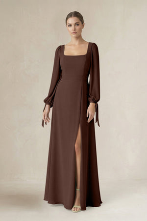 Square Neck Long Sleeve A-Line Chiffon Bridesmaid Dress in Espresso - SHE IS ME BRIDESMAID DRESSES
