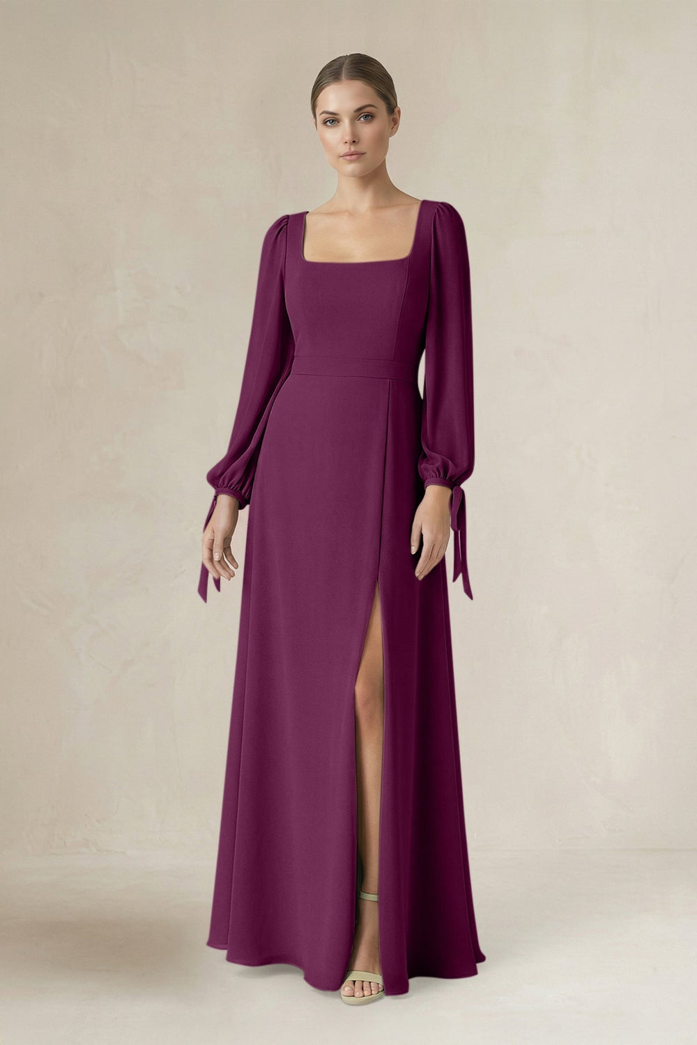 Square Neck Long Sleeve A-Line Chiffon Bridesmaid Dress in Fig - KISS BRIDAL BRIDESMAID DRESSES