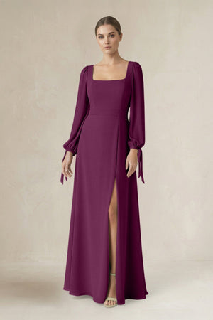 Square Neck Long Sleeve A-Line Chiffon Bridesmaid Dress in Fig - SHE IS ME BRIDESMAID DRESSES