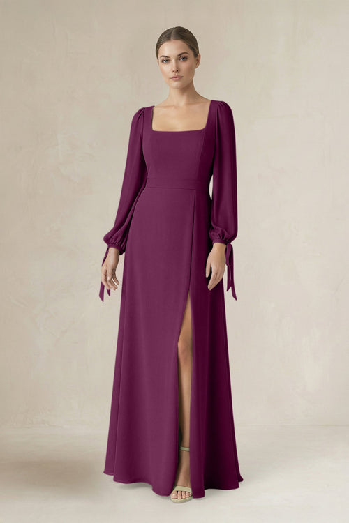 Square Neck Long Sleeve A-Line Chiffon Bridesmaid Dress in Fig - SHE IS ME BRIDESMAID DRESSES