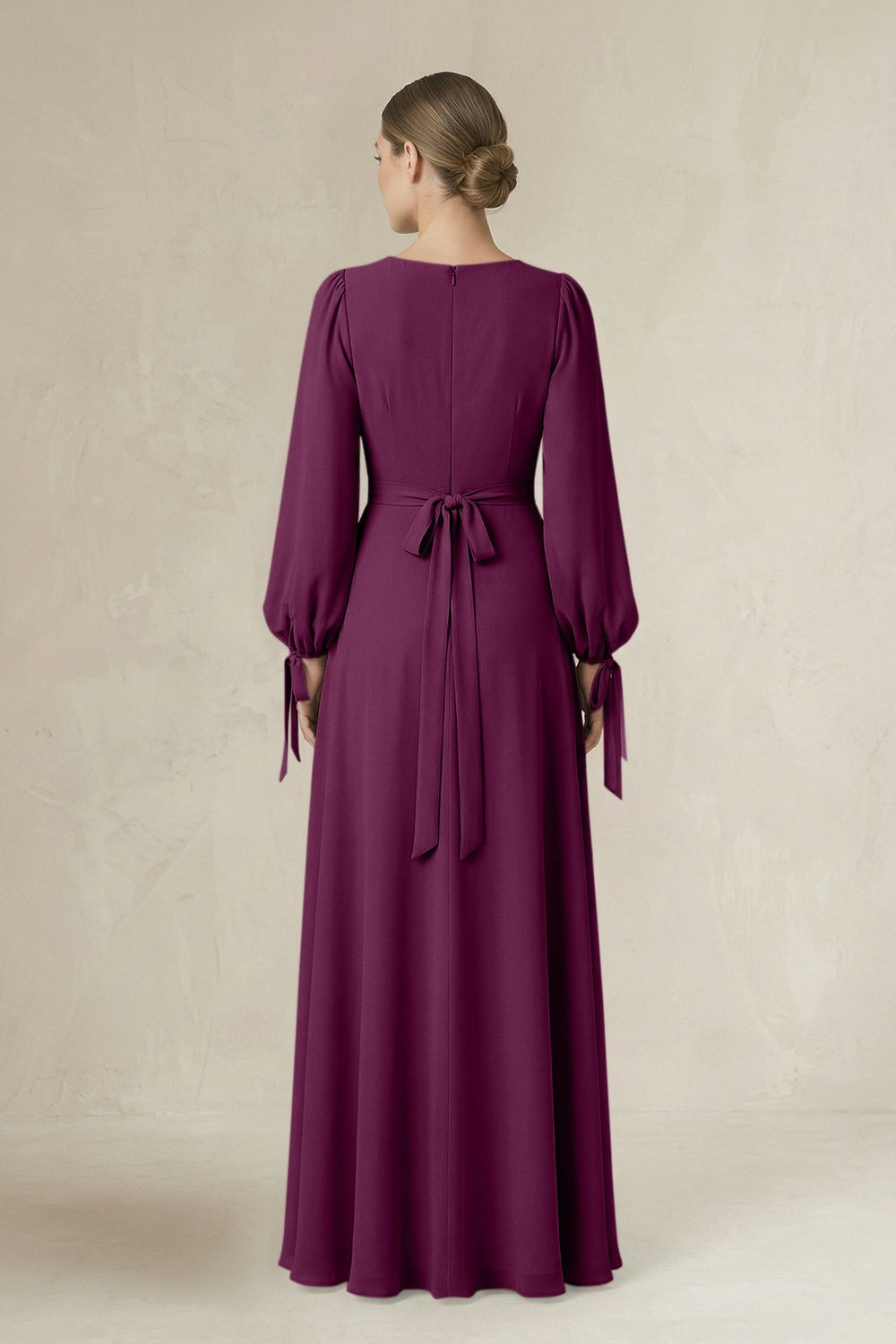 Square Neck Long Sleeve A-Line Chiffon Bridesmaid Dress in Fig - KISS BRIDAL BRIDESMAID DRESSES