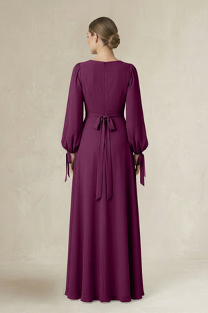 Square Neck Long Sleeve A-Line Chiffon Bridesmaid Dress in Fig - SHE IS ME BRIDESMAID DRESSES