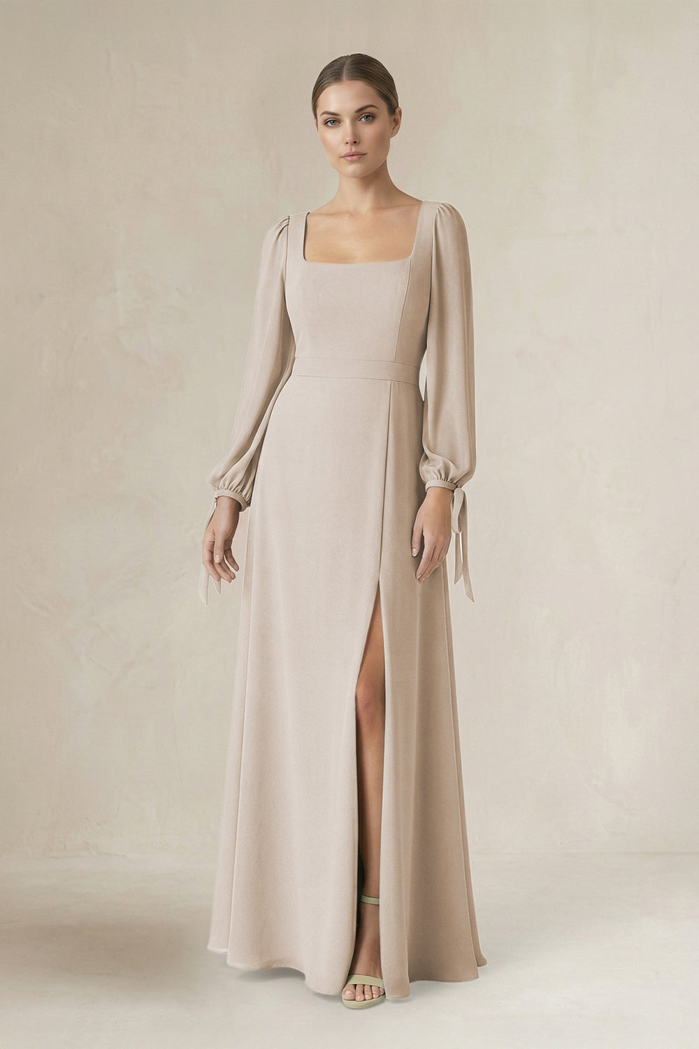 Square Neck Long Sleeve A-Line Chiffon Bridesmaid Dress in Frost - KISS BRIDAL BRIDESMAID DRESSES