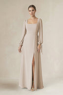 Square Neck Long Sleeve A-Line Chiffon Bridesmaid Dress in Frost - SHE IS ME BRIDESMAID DRESSES