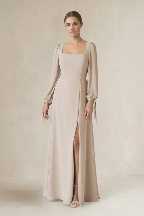 Square Neck Long Sleeve A-Line Chiffon Bridesmaid Dress in Frost - SHE IS ME BRIDESMAID DRESSES