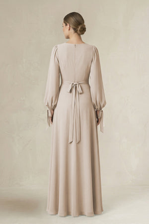 Square Neck Long Sleeve A-Line Chiffon Bridesmaid Dress in Frost - SHE IS ME BRIDESMAID DRESSES