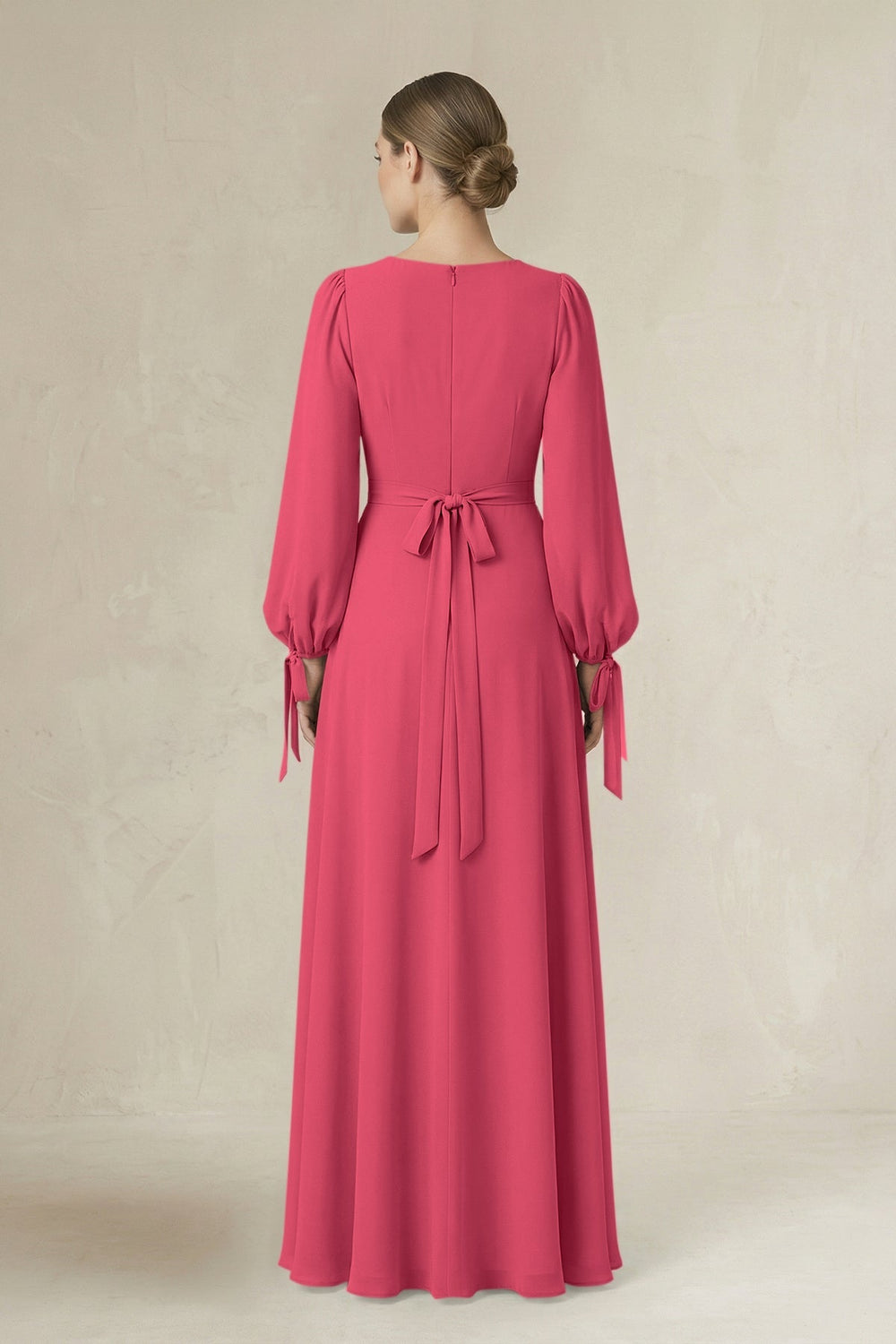 Square Neck Long Sleeve A-Line Chiffon Bridesmaid Dress in Fuchsia - KISS BRIDAL BRIDESMAID DRESSES