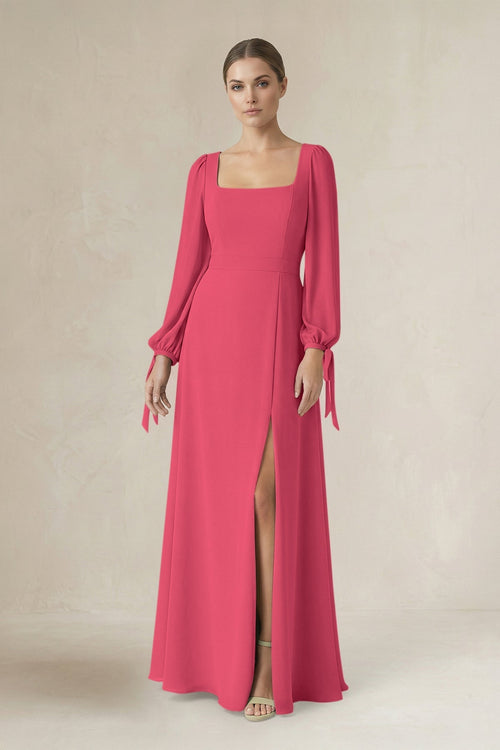 Square Neck Long Sleeve A-Line Chiffon Bridesmaid Dress in Fuchsia - SHE IS ME BRIDESMAID DRESSES