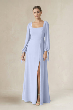 Square Neck Long Sleeve A-Line Chiffon Bridesmaid Dress in Ice - SHE IS ME BRIDESMAID DRESSES
