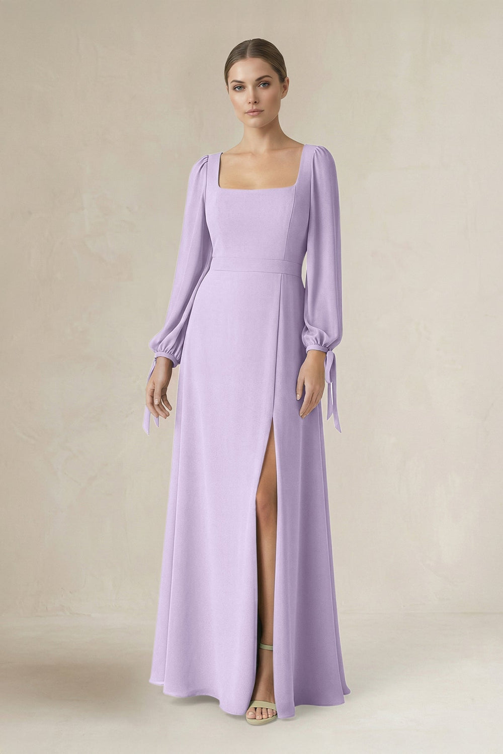 Square Neck Long Sleeve A-Line Chiffon Bridesmaid Dress in Lavender - KISS BRIDAL BRIDESMAID DRESSES