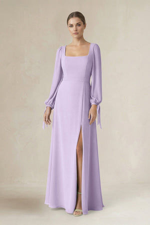 Square Neck Long Sleeve A-Line Chiffon Bridesmaid Dress in Lavender - SHE IS ME BRIDESMAID DRESSES