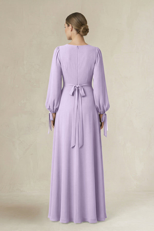 Square Neck Long Sleeve A-Line Chiffon Bridesmaid Dress in Lavender - SHE IS ME BRIDESMAID DRESSES