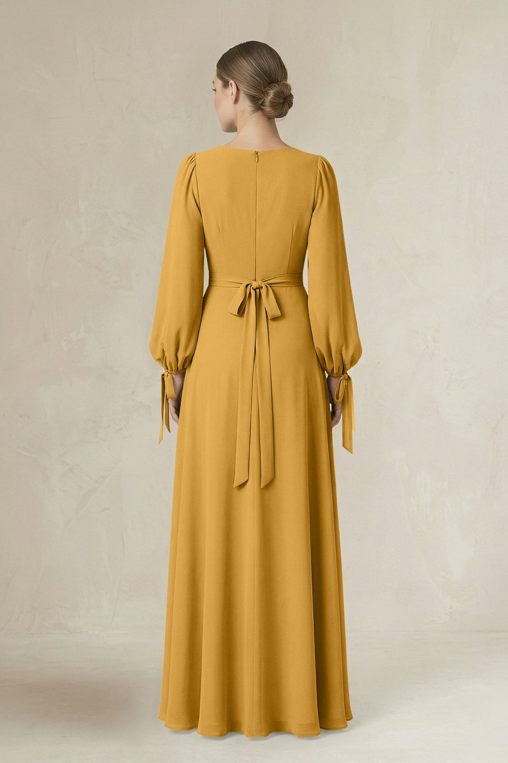Square Neck Long Sleeve A-Line Chiffon Bridesmaid Dress in Marigold - KISS BRIDAL BRIDESMAID DRESSES