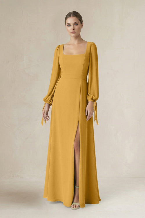 Square Neck Long Sleeve A-Line Chiffon Bridesmaid Dress in Marigold - SHE IS ME BRIDESMAID DRESSES