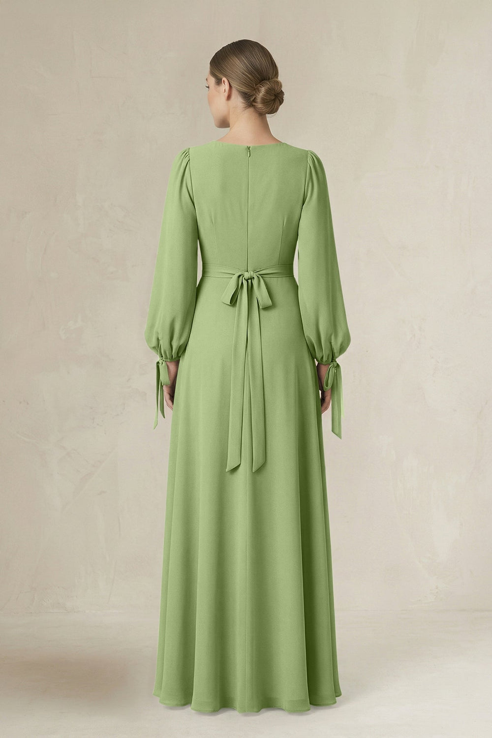 Square Neck Long Sleeve A-Line Chiffon Bridesmaid Dress in Matcha - KISS BRIDAL BRIDESMAID DRESSES