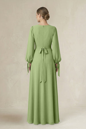 Square Neck Long Sleeve A-Line Chiffon Bridesmaid Dress in Matcha - SHE IS ME BRIDESMAID DRESSES