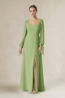 Square Neck Long Sleeve A-Line Chiffon Bridesmaid Dress in Matcha - SHE IS ME BRIDESMAID DRESSES