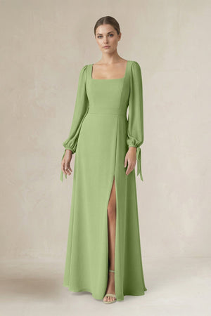 Square Neck Long Sleeve A-Line Chiffon Bridesmaid Dress in Matcha - SHE IS ME BRIDESMAID DRESSES