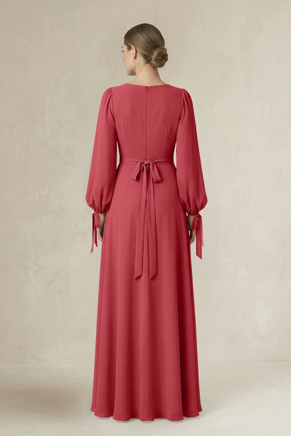 Square Neck Long Sleeve A-Line Chiffon Bridesmaid Dress in Merlot - KISS BRIDAL BRIDESMAID DRESSES