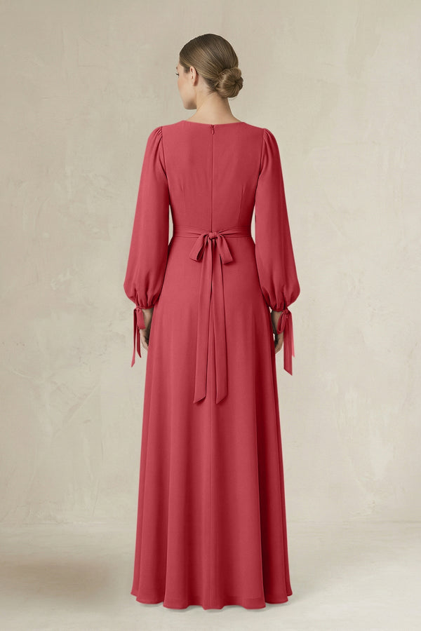 Square Neck Long Sleeve A-Line Chiffon Bridesmaid Dress in Merlot - SHE IS ME BRIDESMAID DRESSES