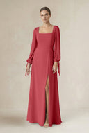 Square Neck Long Sleeve A-Line Chiffon Bridesmaid Dress in Merlot - SHE IS ME BRIDESMAID DRESSES