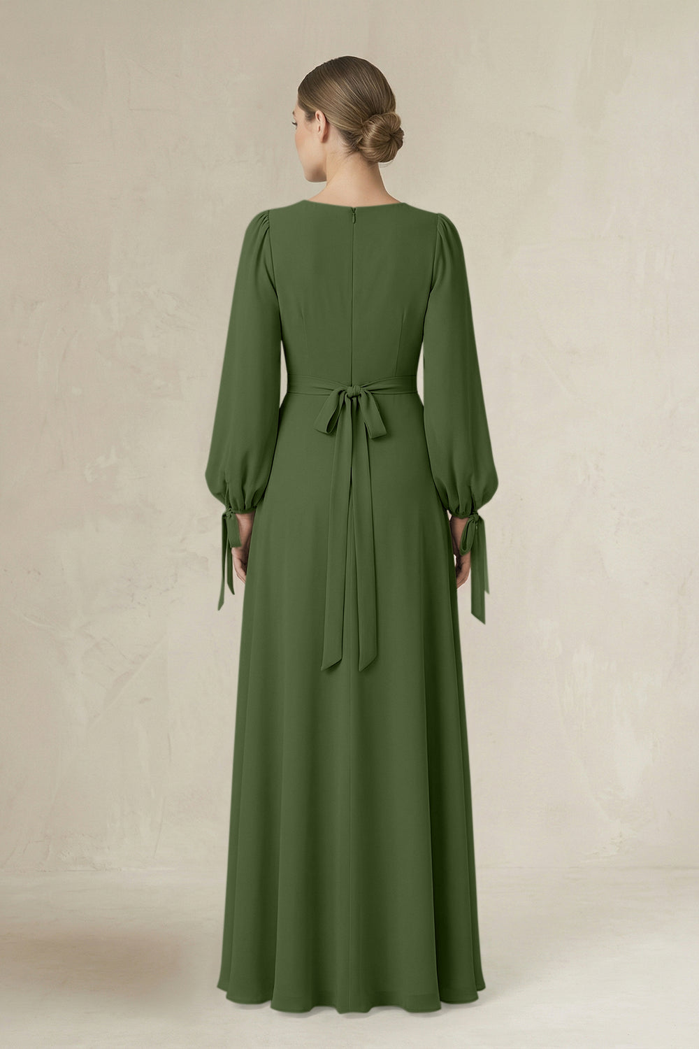 Square Neck Long Sleeve A-Line Chiffon Bridesmaid Dress in Moss