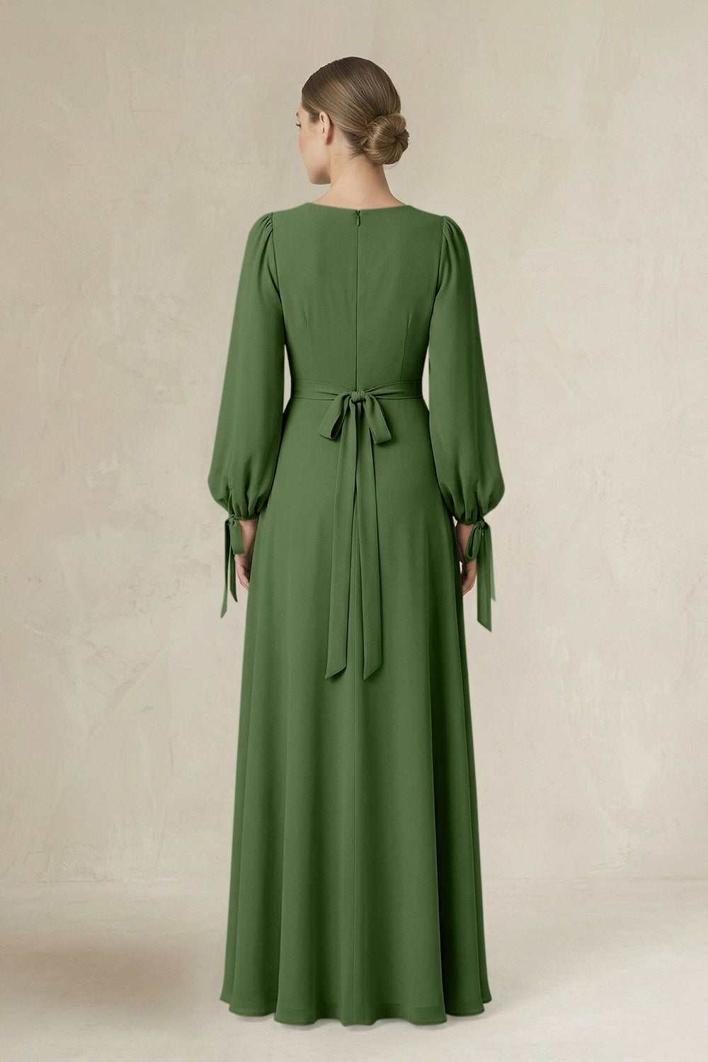 Square Neck Long Sleeve A-Line Chiffon Bridesmaid Dress in Moss - KISS BRIDAL BRIDESMAID DRESSES