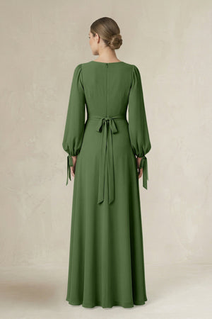 Square Neck Long Sleeve A-Line Chiffon Bridesmaid Dress in Moss - SHE IS ME BRIDESMAID DRESSES