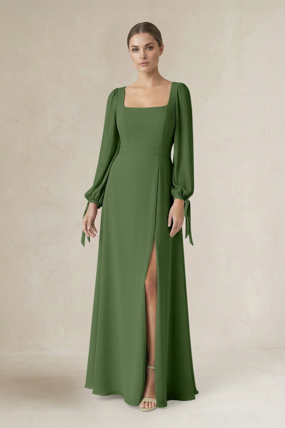 Square Neck Long Sleeve A-Line Chiffon Bridesmaid Dress in Moss - KISS BRIDAL BRIDESMAID DRESSES