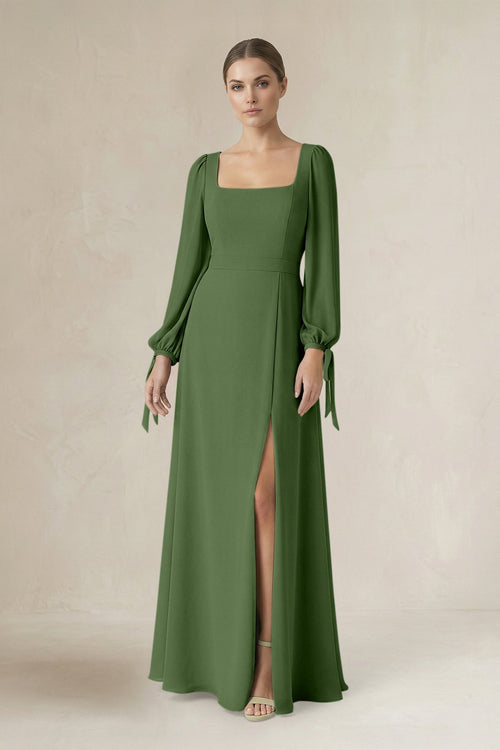 Square Neck Long Sleeve A-Line Chiffon Bridesmaid Dress in Moss - SHE IS ME BRIDESMAID DRESSES