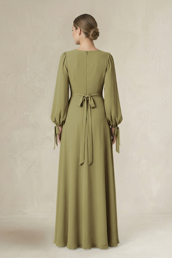 Square Neck Long Sleeve A-Line Chiffon Bridesmaid Dress in Moss Green (2) | KISSBRIDAL