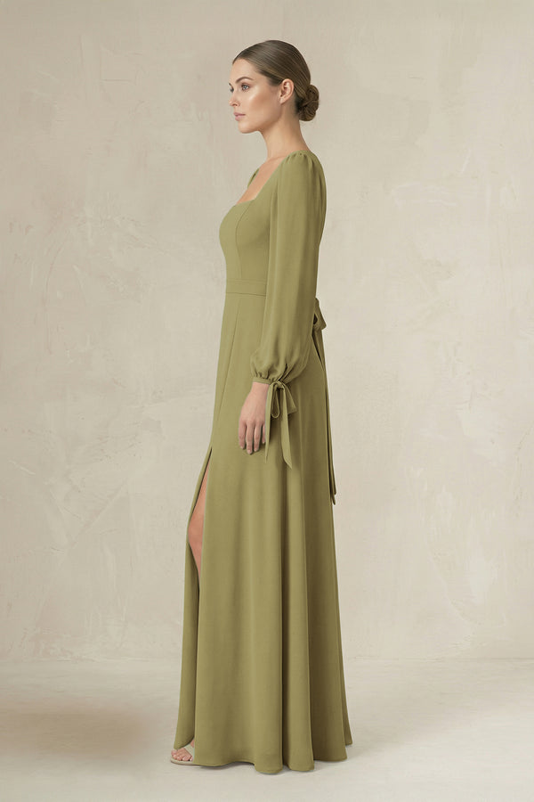 Square Neck Long Sleeve A-Line Chiffon Bridesmaid Dress in Moss Green (3) | KISSBRIDAL