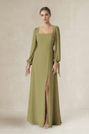 Square Neck Long Sleeve A-Line Chiffon Bridesmaid Dress in Moss Green | KISSBRIDAL