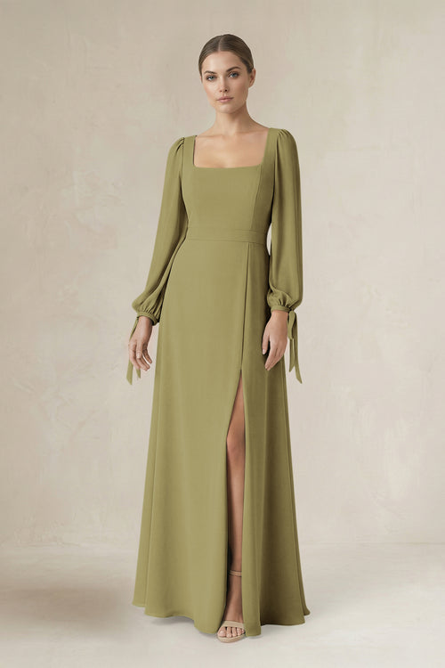 Square Neck Long Sleeve A-Line Chiffon Bridesmaid Dress in Moss Green | KISSBRIDAL