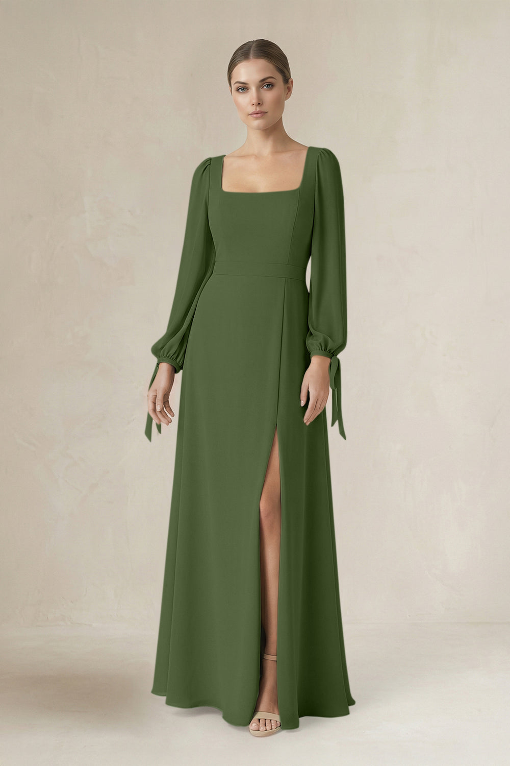 Square Neck Long Sleeve A-Line Chiffon Bridesmaid Dress in Moss