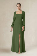 Square Neck Long Sleeve A-Line Chiffon Bridesmaid Dress in Moss | KISSBRIDAL
