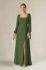 Square Neck Long Sleeve A-Line Chiffon Bridesmaid Dress in Moss | KISSBRIDAL