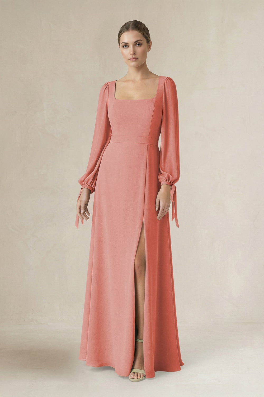 Square Neck Long Sleeve A-Line Chiffon Bridesmaid Dress in Mulberry - KISS BRIDAL BRIDESMAID DRESSES