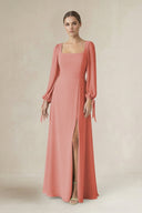 Square Neck Long Sleeve A-Line Chiffon Bridesmaid Dress in Mulberry - SHE IS ME BRIDESMAID DRESSES