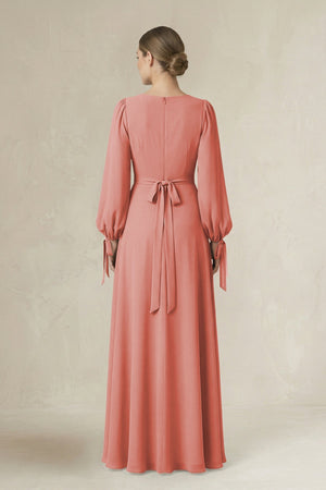 Square Neck Long Sleeve A-Line Chiffon Bridesmaid Dress in Mulberry - SHE IS ME BRIDESMAID DRESSES