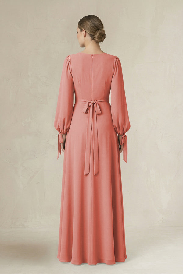 Square Neck Long Sleeve A-Line Chiffon Bridesmaid Dress in Mulberry - SHE IS ME BRIDESMAID DRESSES