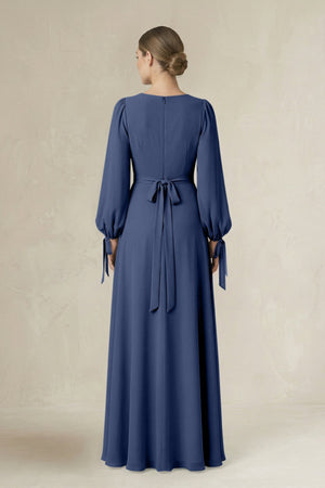 Square Neck Long Sleeve A-Line Chiffon Bridesmaid Dress in Navy - SHE IS ME BRIDESMAID DRESSES