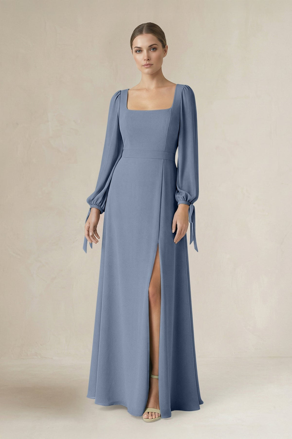 Square Neck Long Sleeve A-Line Chiffon Bridesmaid Dress in Neptune - KISS BRIDAL BRIDESMAID DRESSES