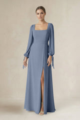 Square Neck Long Sleeve A-Line Chiffon Bridesmaid Dress in Neptune - KISS BRIDAL BRIDESMAID DRESSES